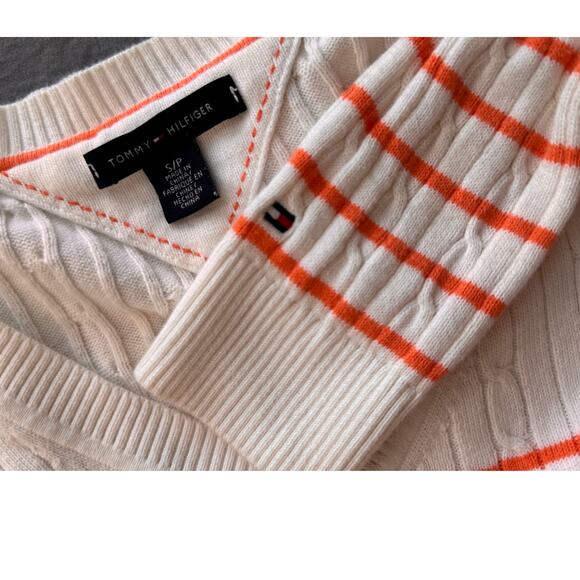 New TOMMY HILFIGER Women's Cream/Orange V Neck Stripe Cable Sweater Size S - Picture 5 of 6